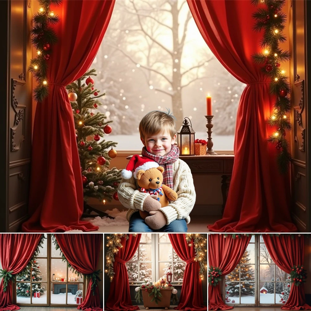 

MOON.QG Christmas Balls Photo Background Candle Window Curtains Photography Backdrop Photoshoot Photocall Decoration Accessories