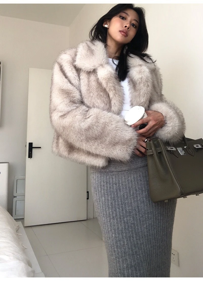 Women Fashion Faux Fur Jacket Vintage Turn-Down Collar Long Sleeve Coat Autumn Winter Woman Elegant Streetwear