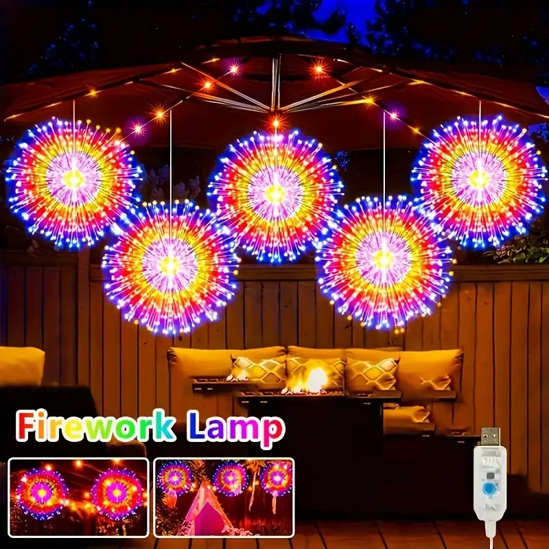 2/4pcs USB Firework Light Strings LED Fairy Lights with 8 Lighting Modes IPX-4 for Garden Wedding Christmas Party Decoration