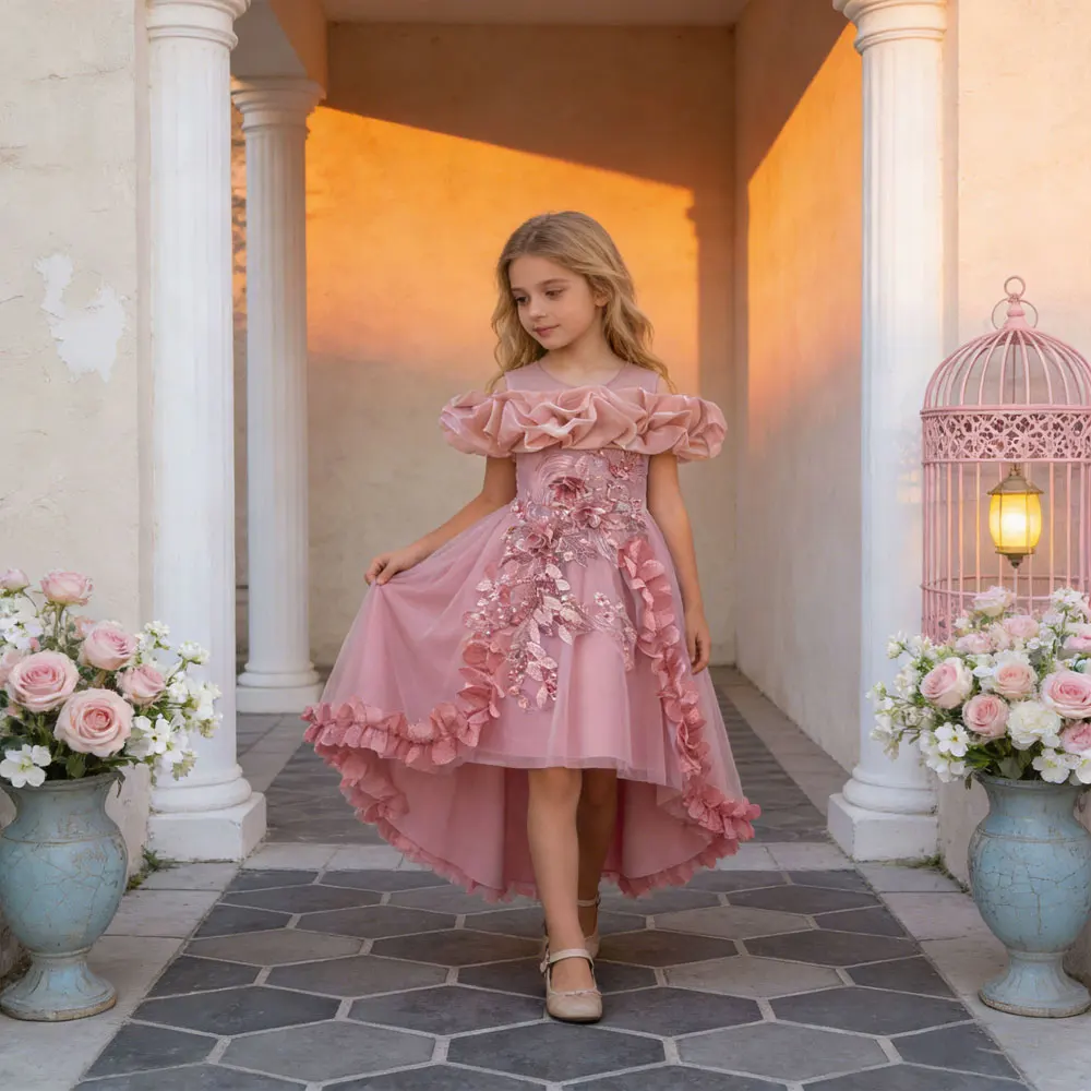 Kids Flower Girl Dress 3-9 Years Off Shoulder 3D Floral Tulle Prom Gown Pink High Low Tail Girls Dresses for Party and Wedding