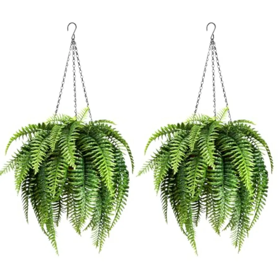 2 Set Fake Ferns with Hanging Baskets Realistic UV Resistant Artificial Ferns Outdoor Faux Plants for Front Porch Patio Garden