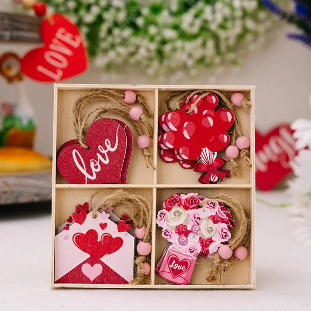 12pcs Pink Valentine's Wood Pendant Romantic Exquisite Heart Shaped Ornaments Mini Happy Valentine's Day Decoration