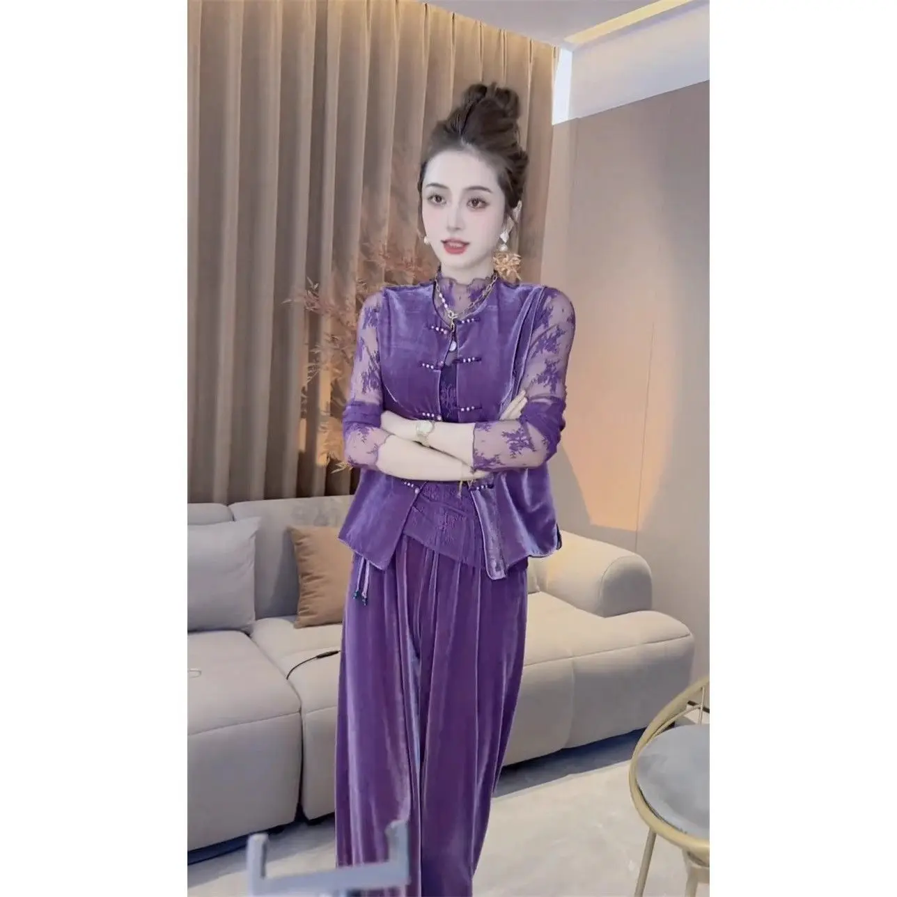 New Fashion Chinese Women's Three Piece Set Lace See Through Slim Blouse +  Velvet Frog‑button Vest + Wide Leg Pants Suit