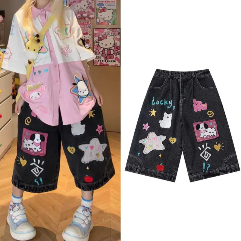 

Embroidery Cartoon Y2k Denim Shorts High Waist Streetwear Wide Leg Pant Button Oversize Harajuku Black Jean Shorts Women Clothes