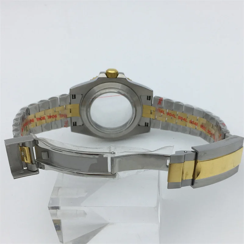 เคสไพลินสีทองเงิน40มม. ฝาเซรามิคสีฟ้าเหมาะสำหรับ NH34 NH35 ETA2824 NH36 PT5000 DG2813การเคลื่อนไหวของ Miyota