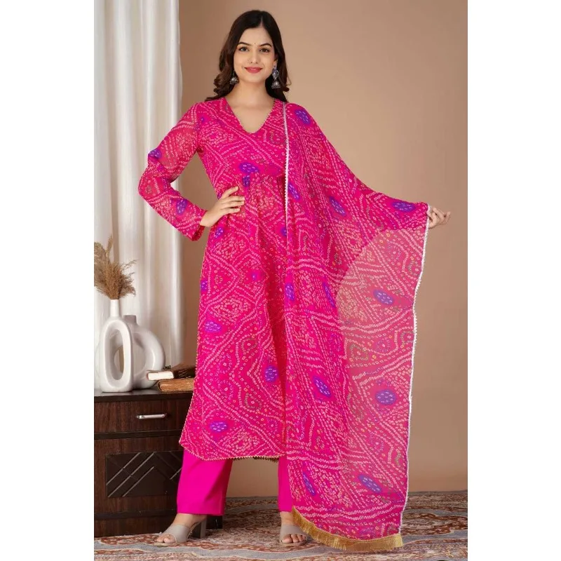 

Pink Color Printed Work Georgette Fabric Women Kurti Palazzo Dupatta Kurta Pant