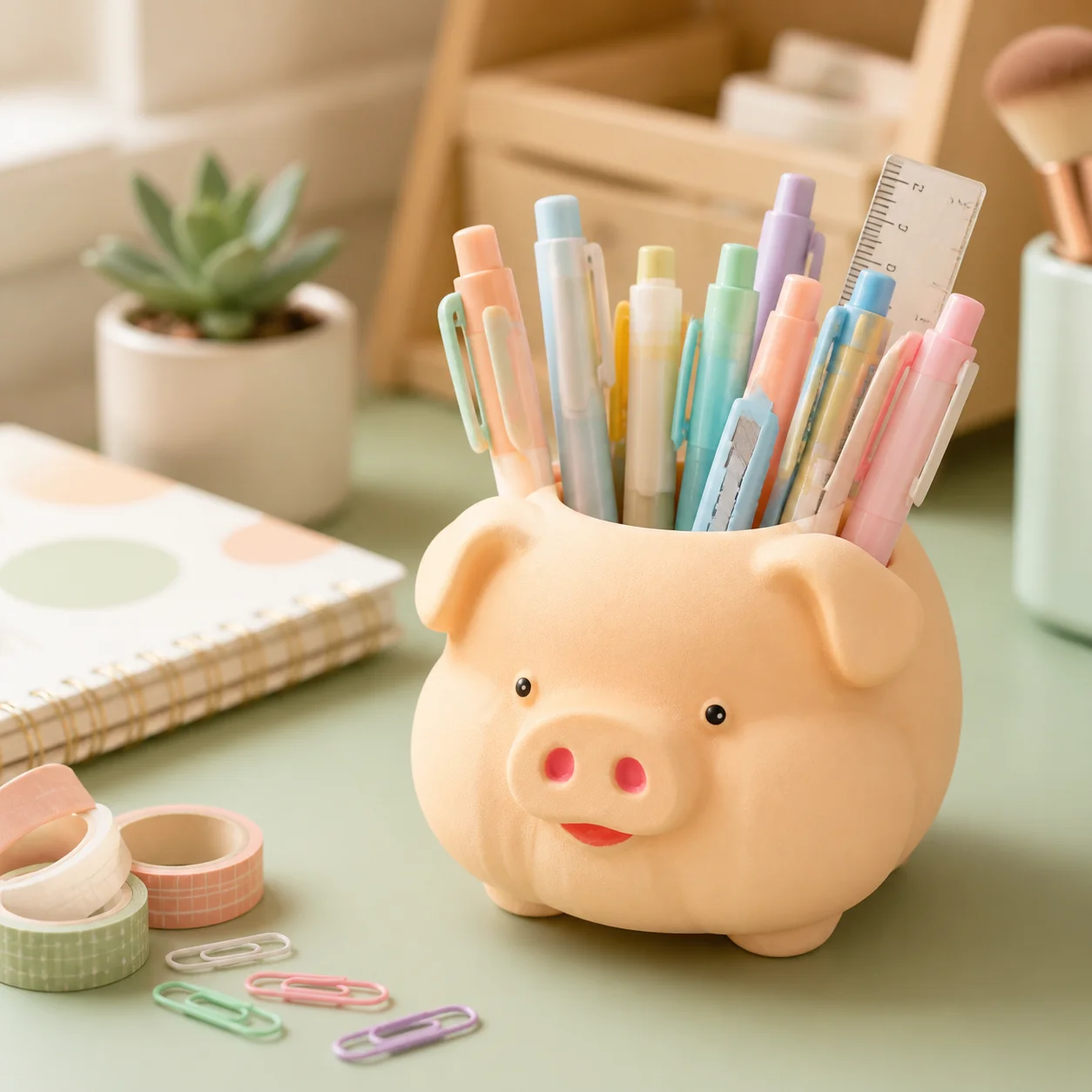 3D Printed Cute Piggy Storage Container 1pc Desktop Organizer for Pens Makeup Brushes Tabletop Space‑Saving Decor