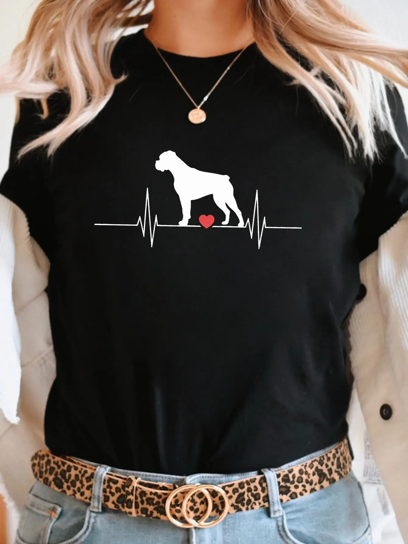 Boxer Dog Heartbeat Minimalist print t-shirt, short sleeve crew neck casual top for summer & spring, Women's clothing