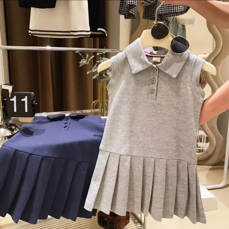 Fashion 2023 Summer Kids Clothes Girls Dress Cute Preppy Style Polo Pleated Dress Baby Girls Sleeveless Casual Dress Cotton