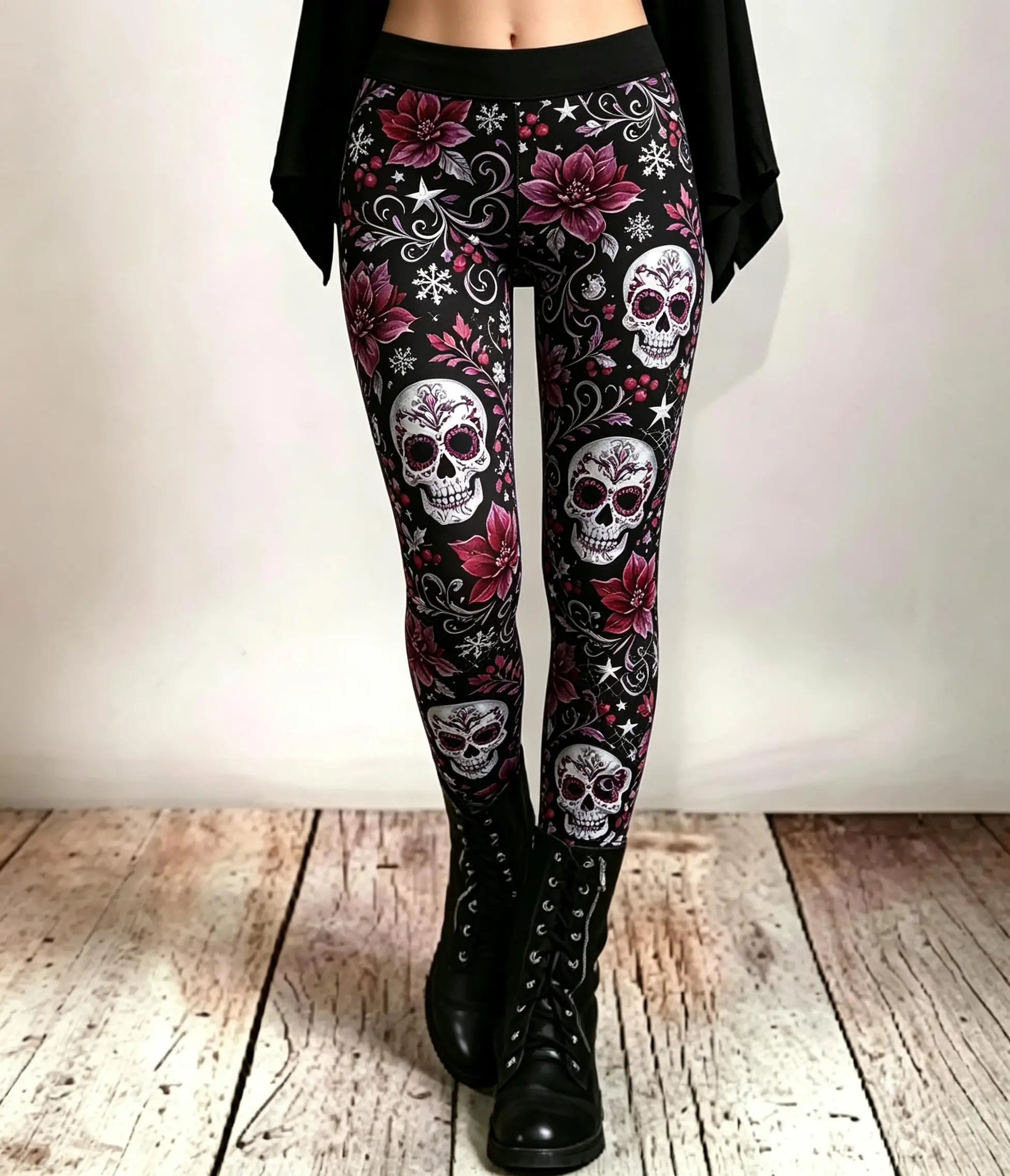 Women Mid Waist Fleece Lined Leggings Sugar Skull Floral Print Slim Stretch Pants Halloween Party Daily Trousers