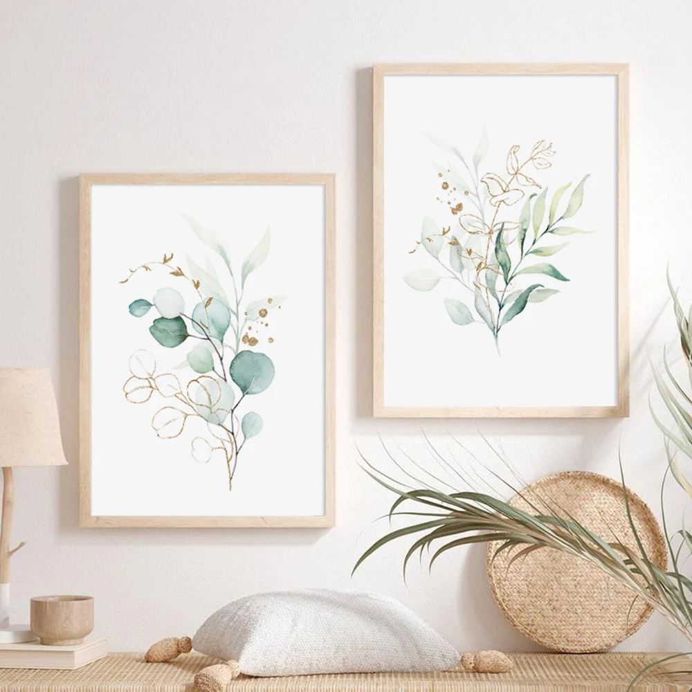 Pinturas en lienzo de hojas verdes de flores de acuarela bohemias, impresiones artísticas de pared, imágenes minimalistas, 2 piezas