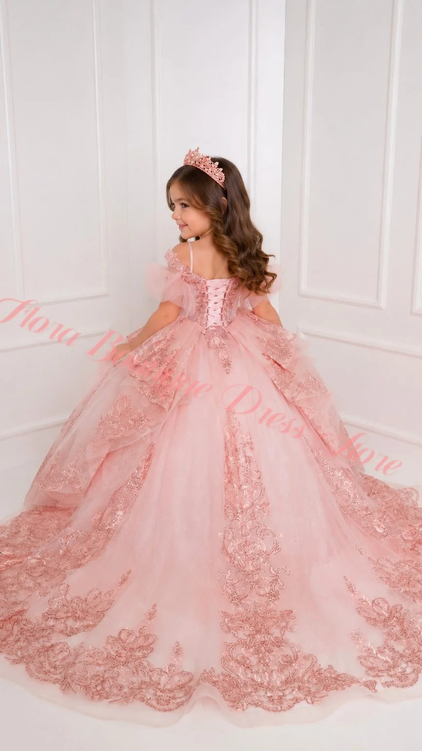 

Princess Pageant Dress With Train Pink 2026 Birthday Gown Kids Beaded Lace Flower Girl Dress Wedding Party Frock Customized