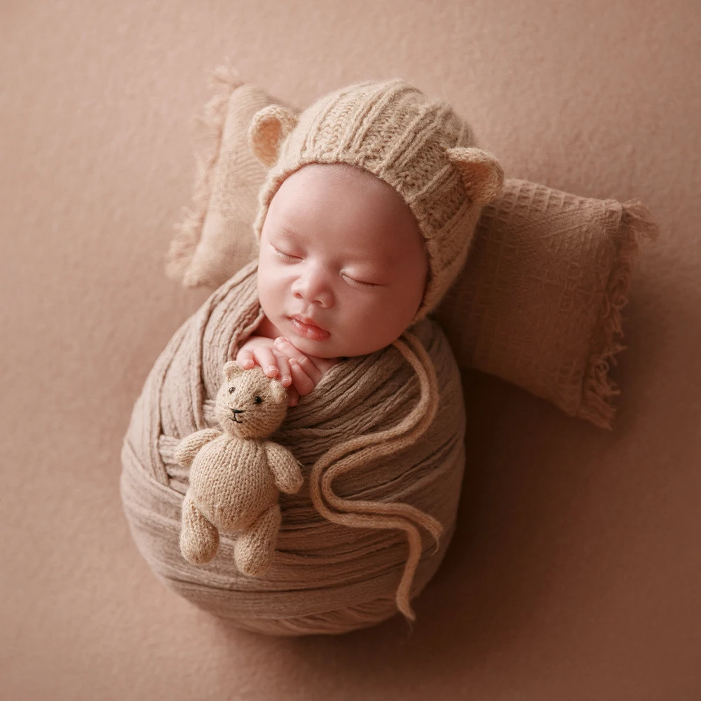 Newborn Wrap Photography Props Knitted Wool Bear Hats+Dolls Set Woolen Hats Baby Posing Pillow Studio Brown Shooting Theme Props