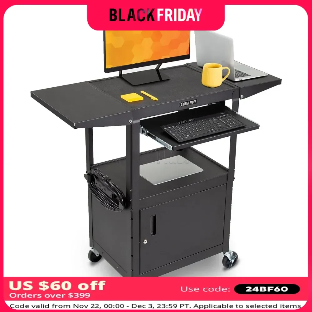 

Line Leader Rolling Cart with Locking Cabinet, Laptop Stand, and Drop Leaves, Height Adjustable Mobile Utility Cart Workstation