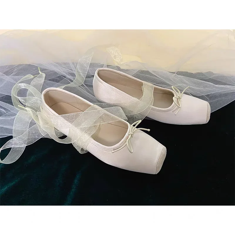 

Pop Square Head Single Shoes Women's French Pink Rose Mary Jane With Skirt Flat Bottom Cross Strap Ballet Beanie Shoes