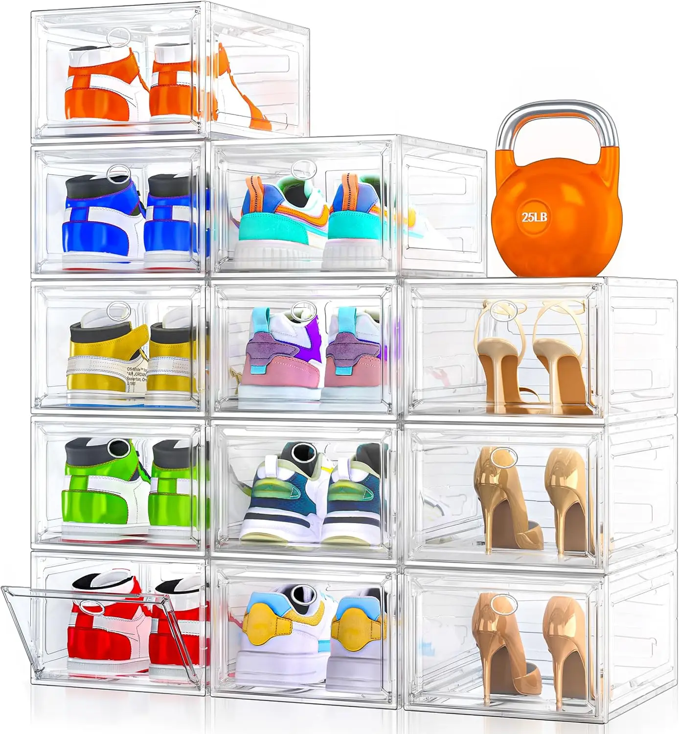

12 Pack Clear Shoe Storage Organizer with Magnetic Door,Stackable Plastic Shoe Boxes for Sneakers