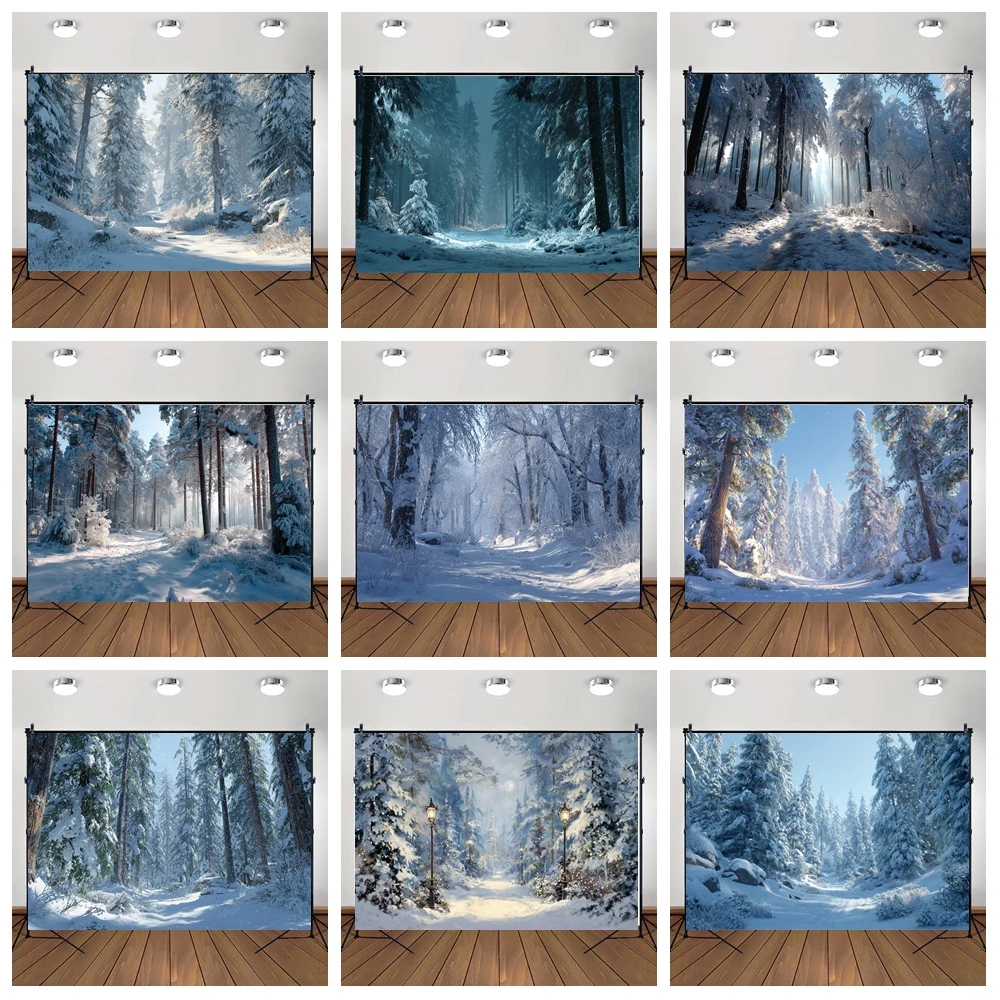 

MOON.QG Snowy Forest Paths Background Bright Daylight Misty Winter Woodland Pine Backdrops For Photography Photo Kids Portrait