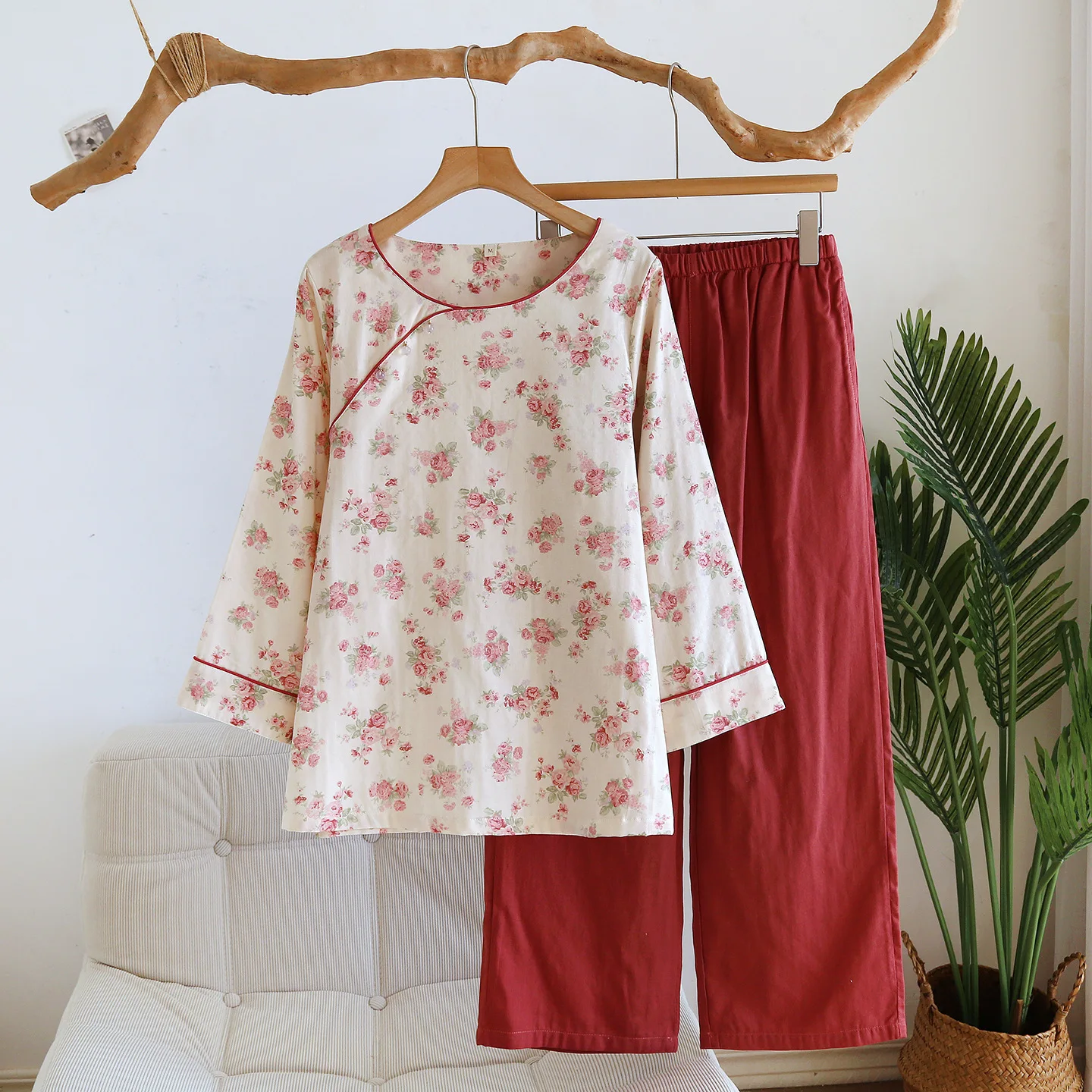 Chinese Women's Print Floral Pajama Set Cotton Long Sleeve Pullover Pants Two Piece Set Sweet Thin Home Clothing