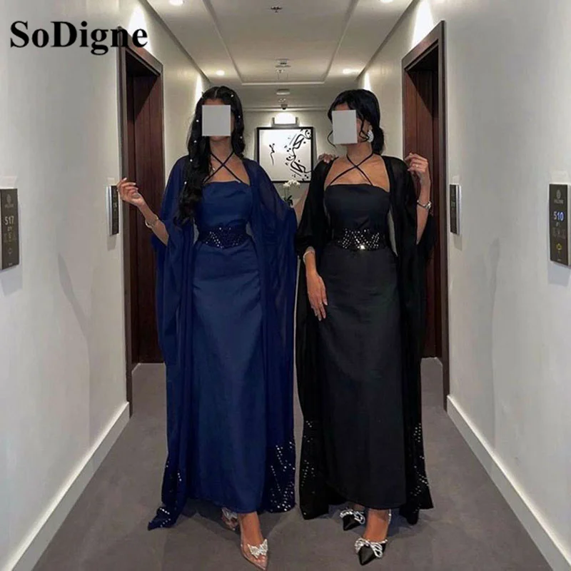 SoDigne Shiny Crystal Beads Prom Dresses With Capped Sleeves Ankle Length Saudi Arabia Women Formal Evening Party Dress