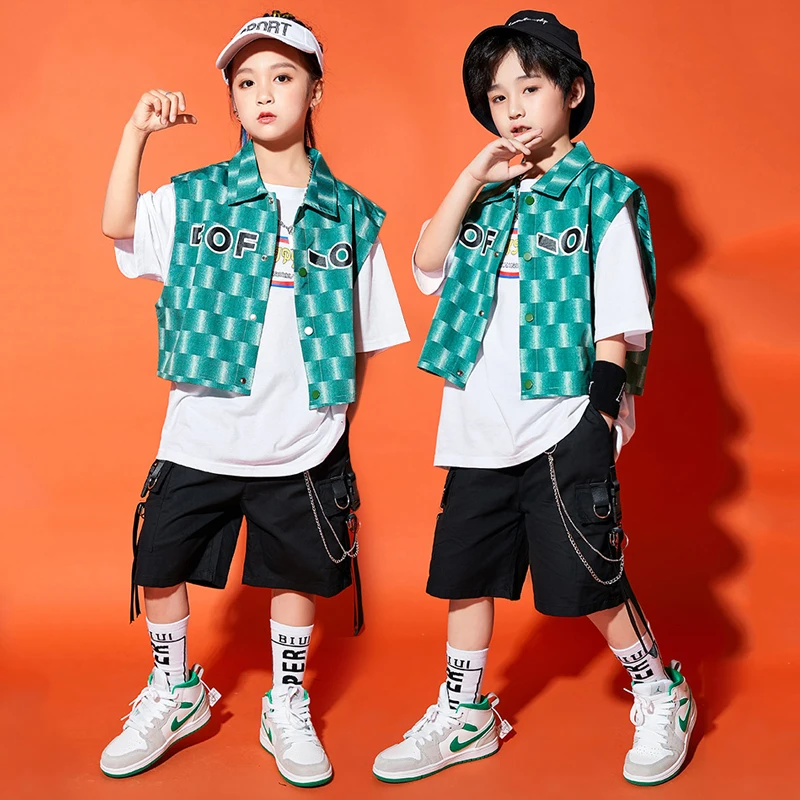 

Children Hip Hop Street Dance Wear For Kids Green Vest Black Shorts Suit Girls Boys Jazz Performance Show Stage Clothes DQS13207