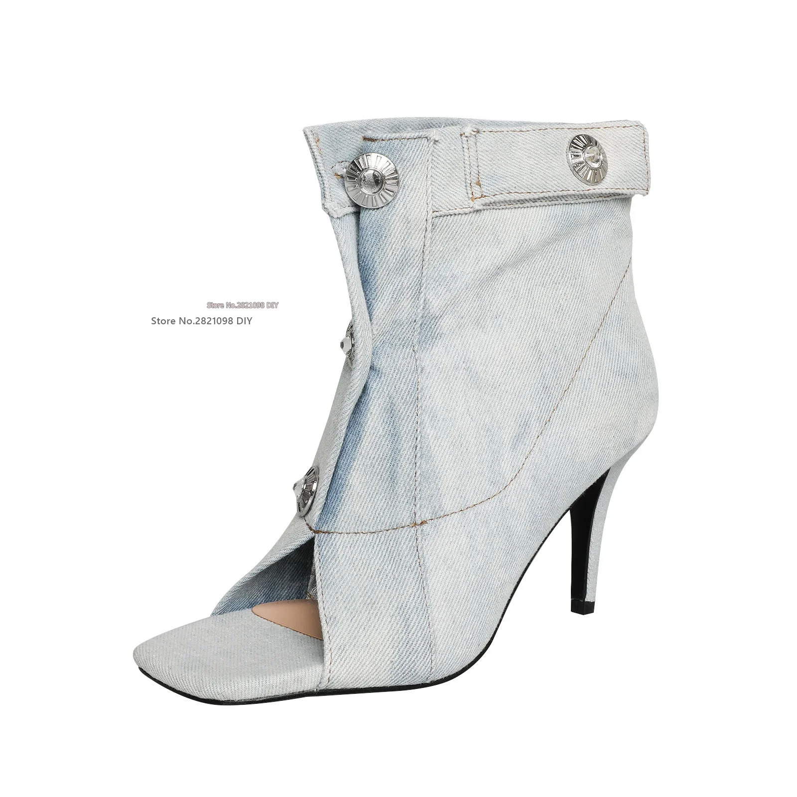 

Light Blue Women Jeans Shoes Retro Open Toe Denim Ankle Boots Stiletto Heeled Canvas Ankle Boots Pull On High Heel Shoes