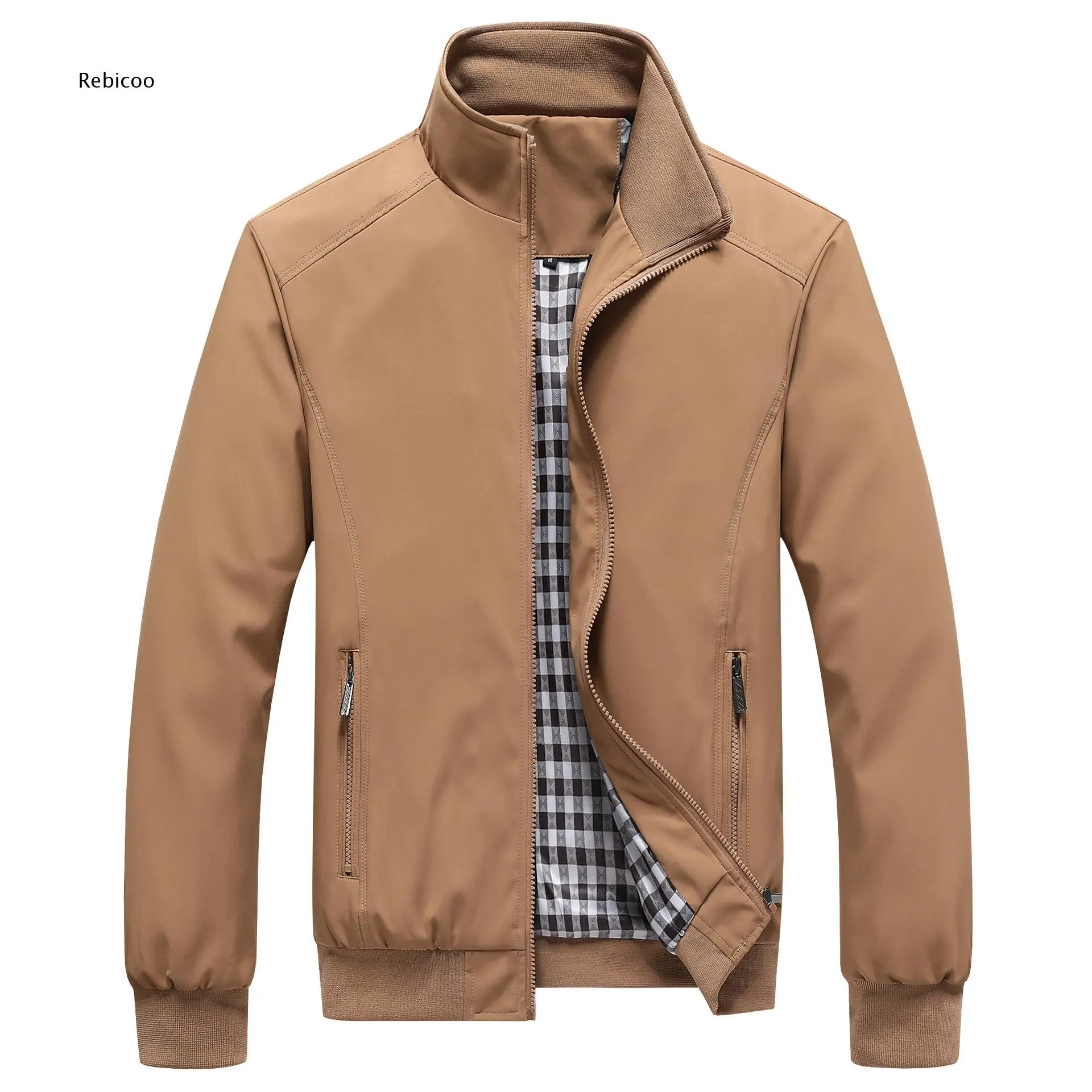 Mens Outer Coat With Stand Collar Plaid Lining And Secure Zipper Pockets For Everyday Casual Looks And Short Distance Trips