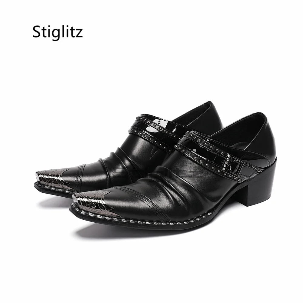 Men's Black Leather Dress Shoes Metal Pointed Toe Belt Buckle Rivet High Heels Loafers Fashion Genuine Leather Formal Shoes
