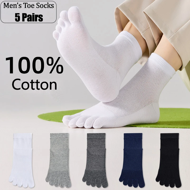 

5 Pairs Men Summer Toe Socks 100% Cotton Mesh Breathable Antibacterial Black White Thin Five-Toe Ankle Socks For EU40-45