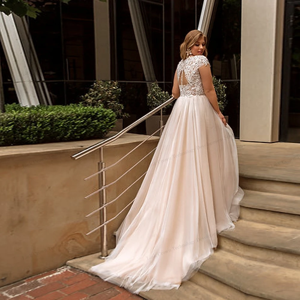 Vestidos De Novia De manga corta con encaje para mujer, traje De tul suave con botones en la espalda, color champán, 2024