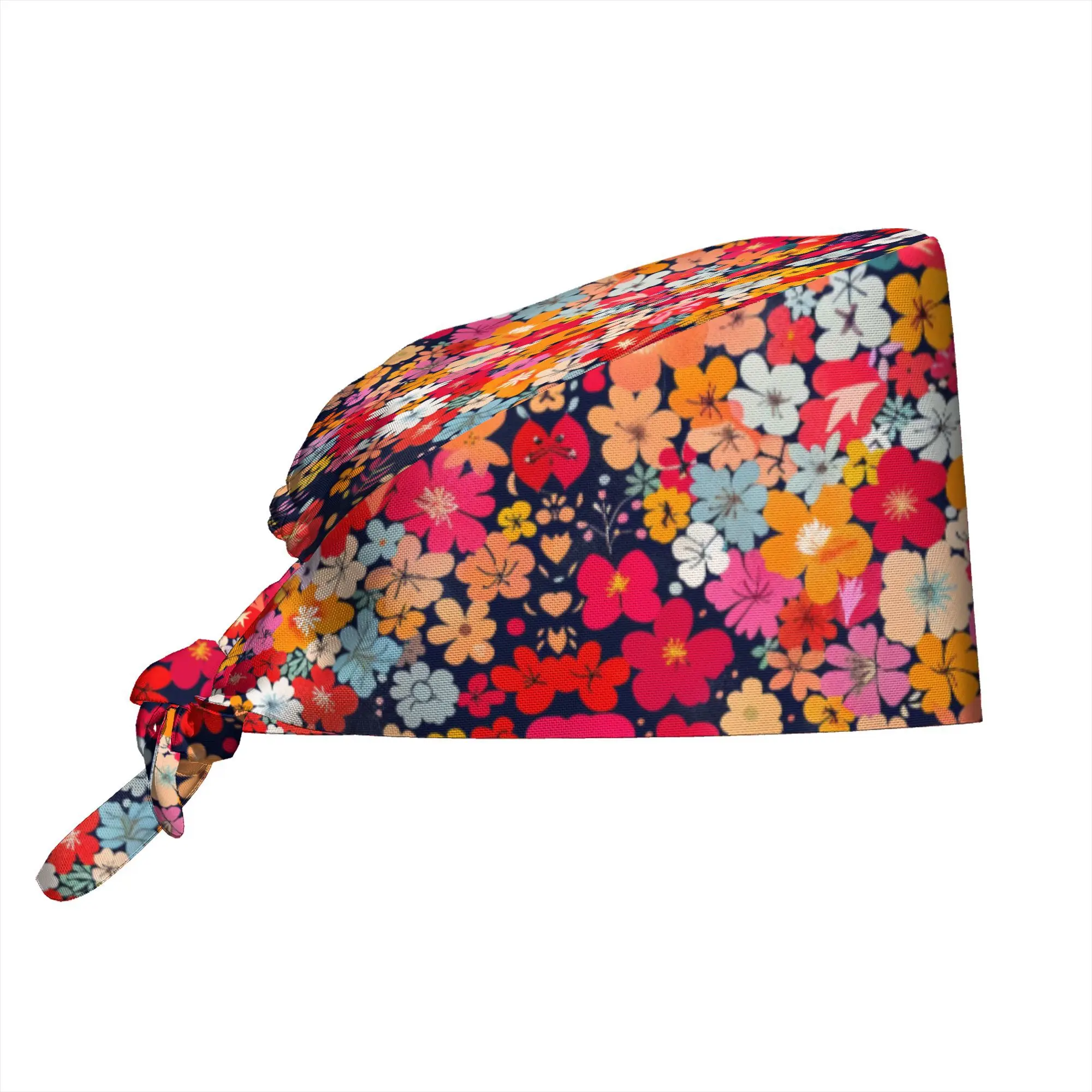 Vibrant Floral Print Scrub Cap Soft Tie-Back Working Cap with Sweatband Colorful Flower Pattern Cap for Nurses Doctors
