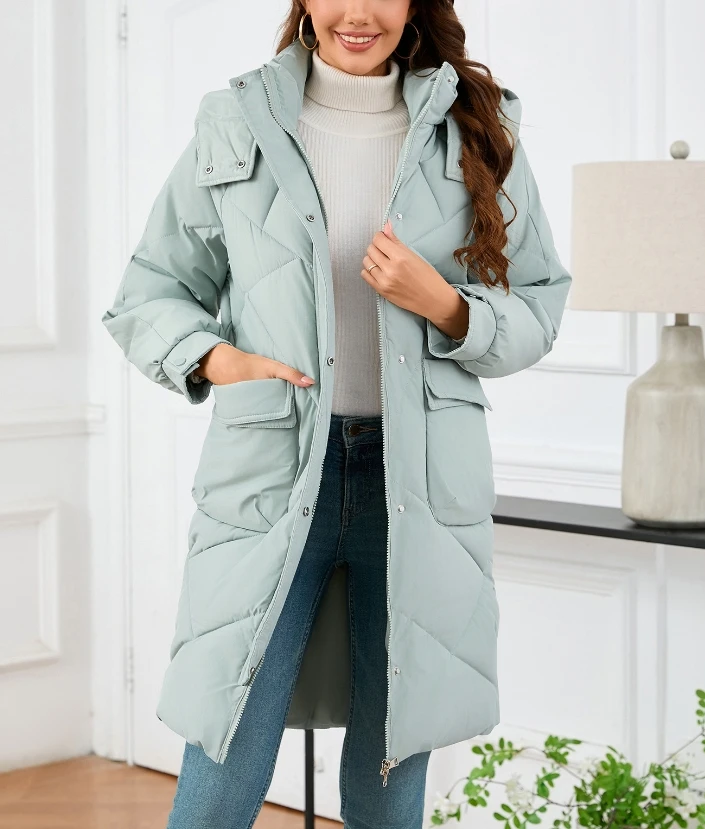 Women's Coat 2024 Winter Casual Loose Fit Solid Zipper Design Button Pocket Stand Collar Hooded Long Sleeve Warm Down Coat