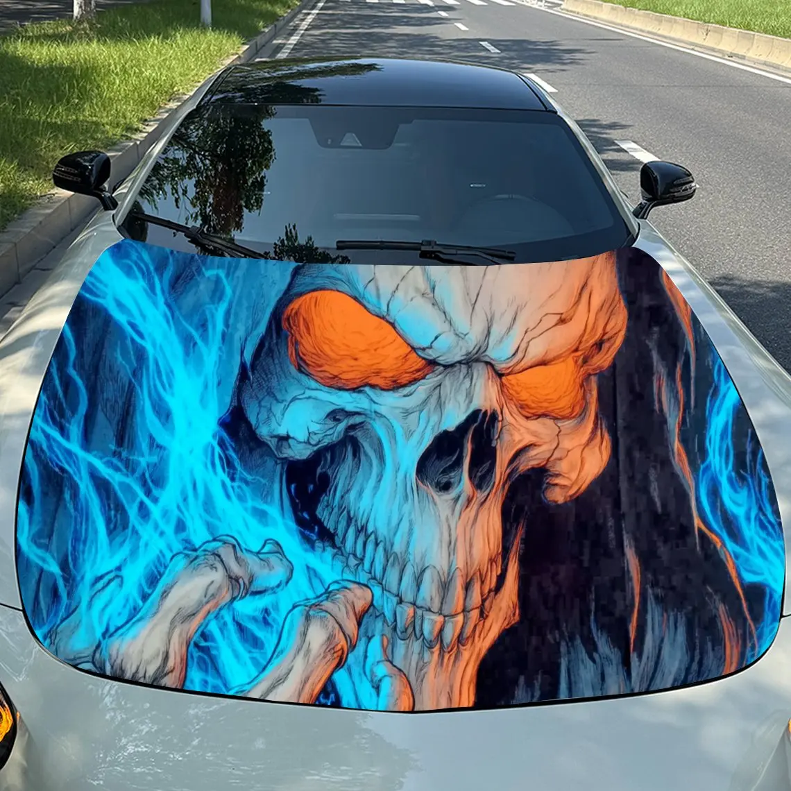 Blue Flame Skeleton Design car hood film, colorful waterproof vinyl truck decorative stickers, engine compartment patterns and c