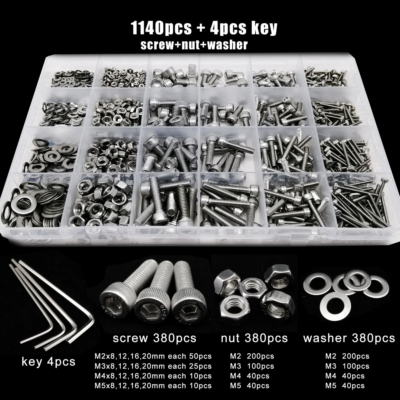 Total 1140pcs M2 M3 M4 M5 304 Stainless Steel Hexagon Hex Socket Cap Head Screw Bolt Nut Set Assortment Kit