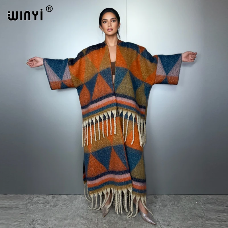 

WINYI winter catwalk coat for women fashion print tassel Luxury Long robe Loose OverCoat Thick Warm long down coat kimono kaftan