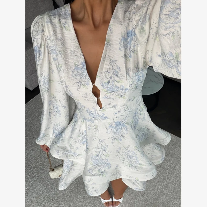 Stain Floral Printed Waist-cinched Pleated Mini Dress Lady Sexy Deep V-neck Long Sleeve Button-front Dresses Chic Party Robe image 6