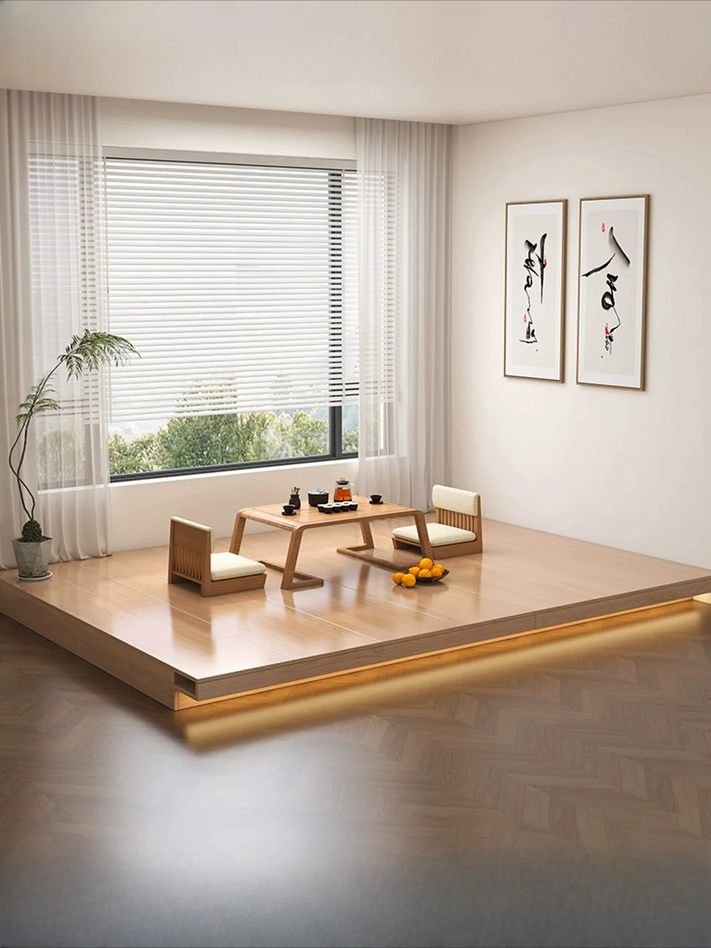 All solid wood tatami bed, double customized Japanese-style short , integrated floor , leisure table, log wind board bed