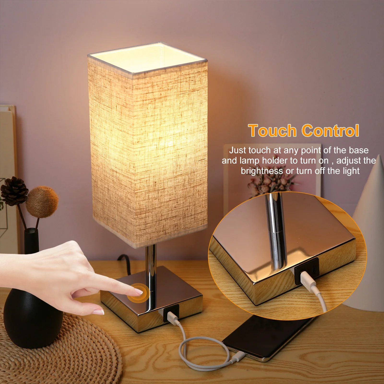 2 Packs Fabric Bedside Table Lamp Nightstand Lamp with Warm White LED Bulb Desk Light Touch Control USB A Type C Charging Ports