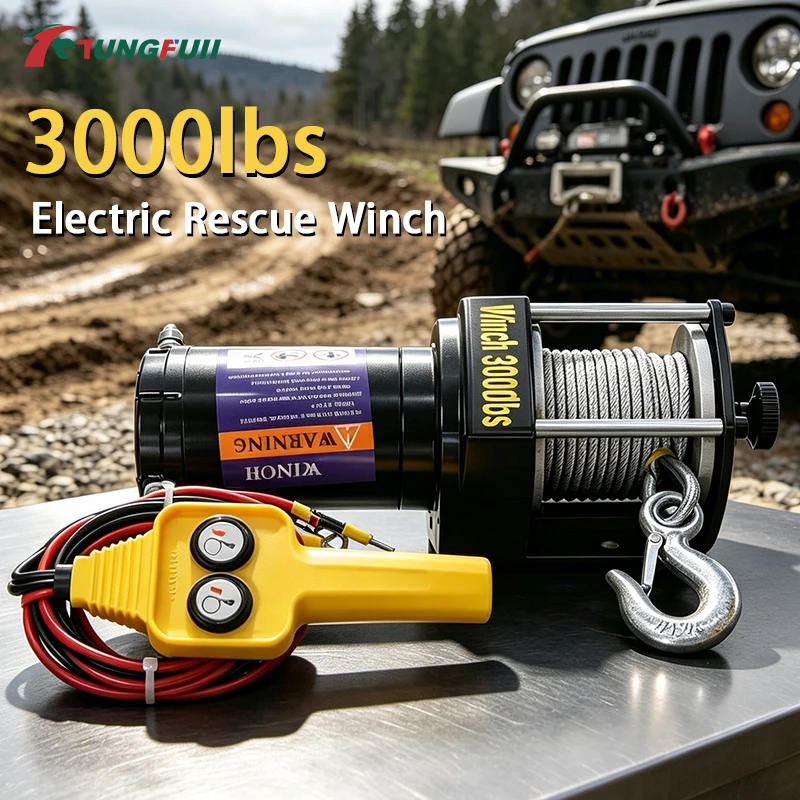 3000lbs Electric Recovery Winch Kit ATV Trailer Truck Car DC 12V/24V Remote Control Hoist Winch Block Mud Rescue Beach Hauling