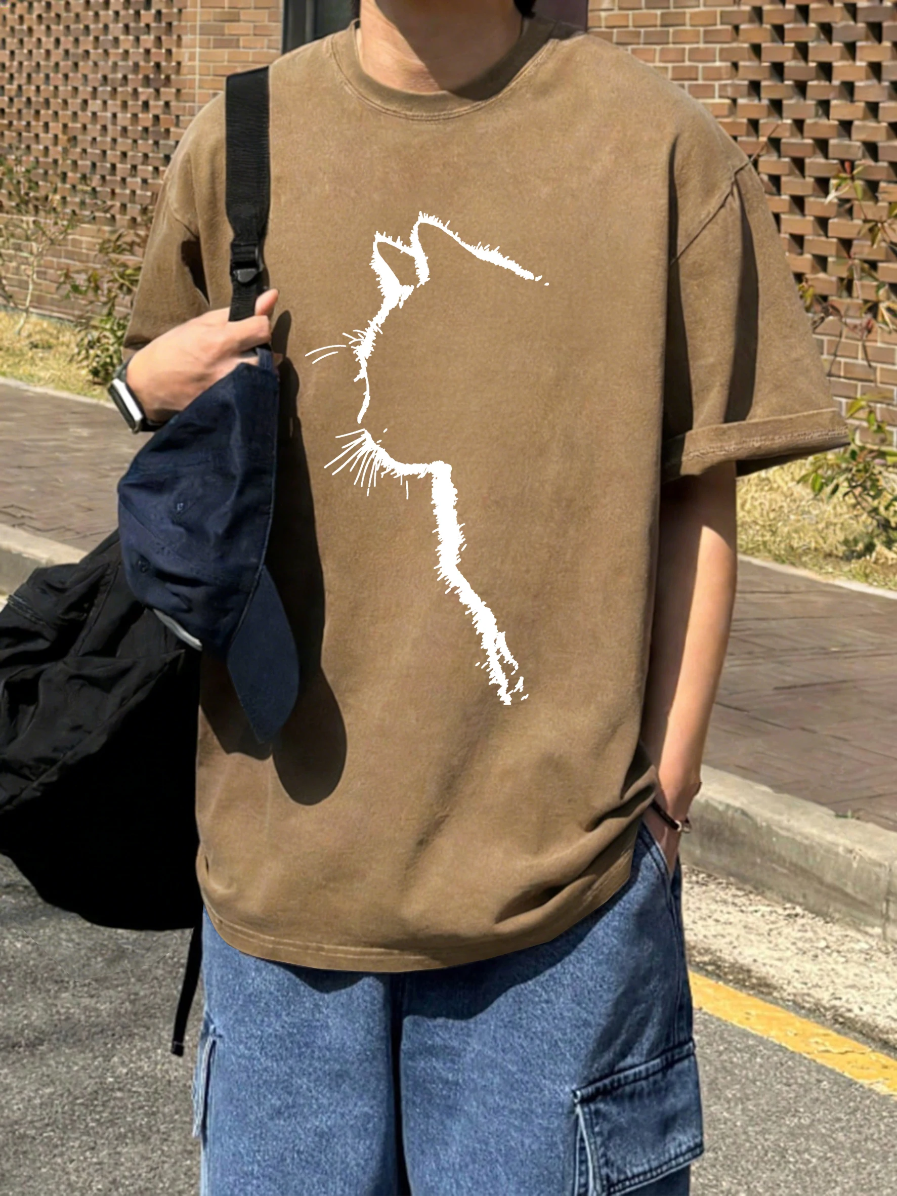 Cute cat silhouette Mens T Shirts Summer Cotton Fashion T-Shirt Oversized Loose Short Sleeve Crewneck Tee Clothes Vintage