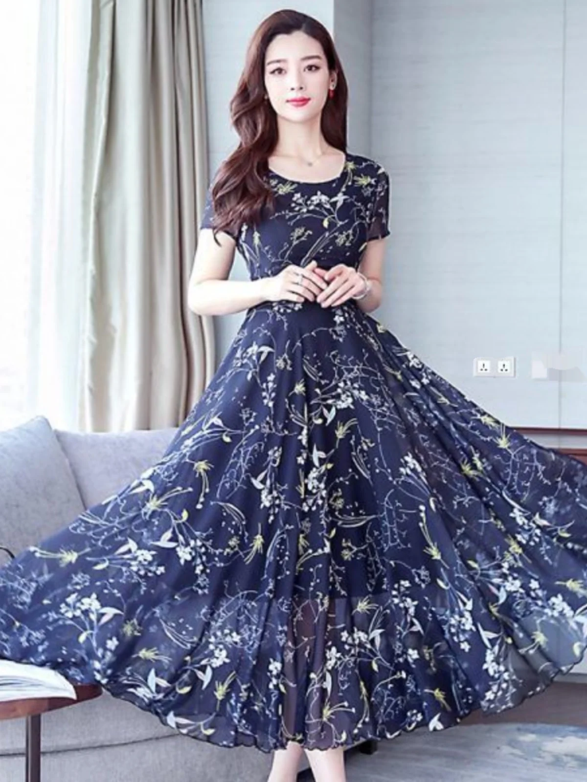 Slimming High-End Ice Silk Dr Summer New Arrival Long Waist-Cinching A-Line Skirt with ket Square Casual Sle