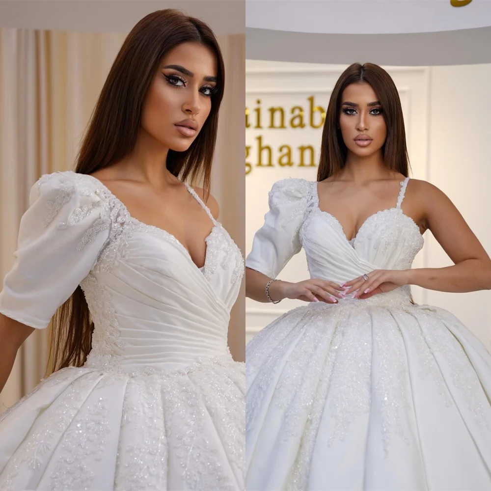 ที่กําหนดเองคุณภาพสูงสีขาวซาตินชุดแต่งงานเซ็กซี่สปาเก็ตตี้สายรัด Lace Up กลับ Sequined ชุดเจ้าสาว