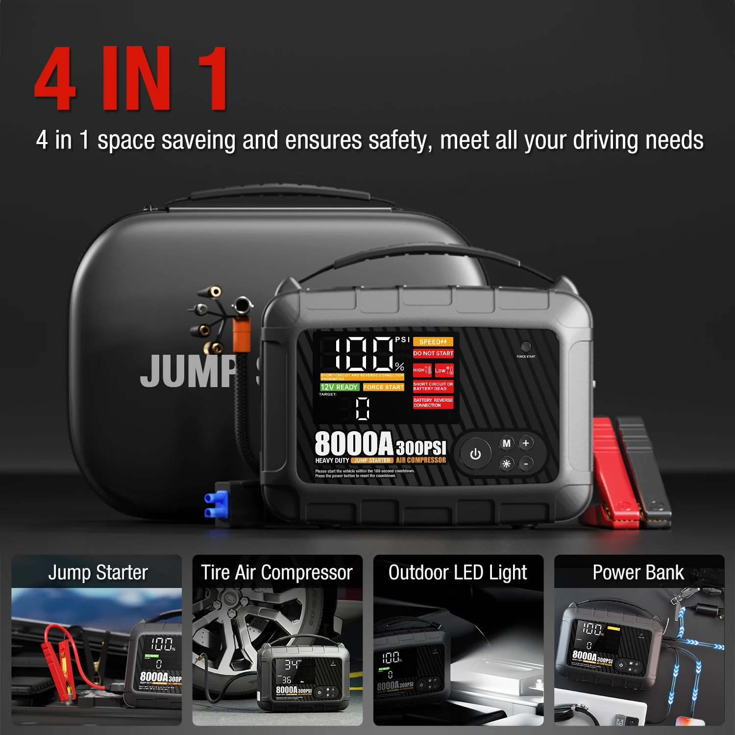 newPortable 8000A 28000mAh Car Jump Starter Power Bank Air Compressor Battery Booster Tire Inflator for Trucks High Capacity Air