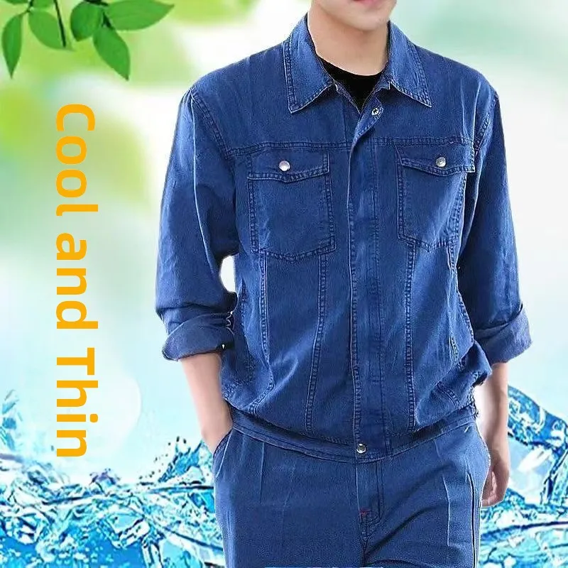 

Легкий джинсовый рабочий костюм с длинными рукавами для мужчин: летний комплект униформы для стройплощадок и электросетей (верх и низ)