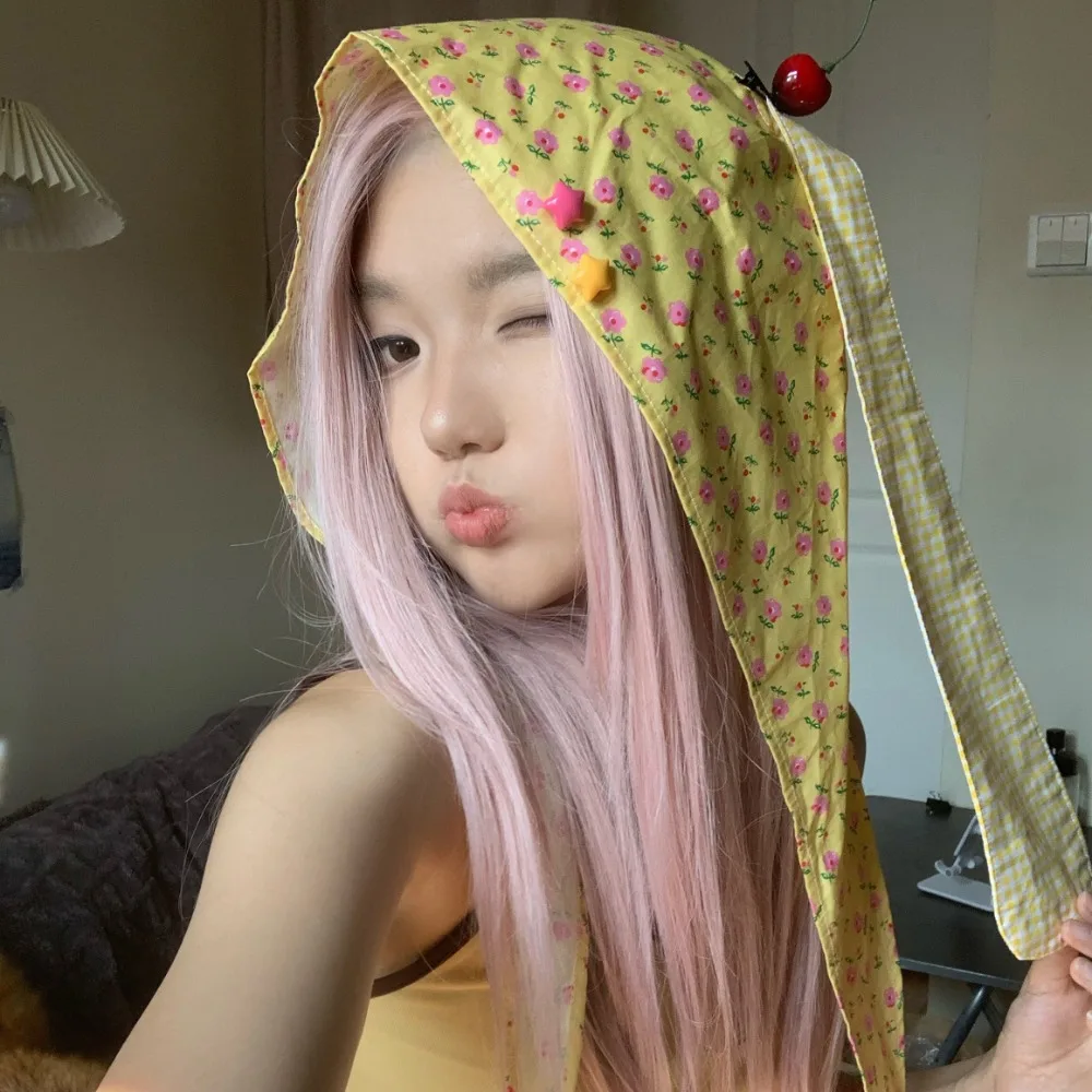 

Elegant Y2K Korean Lop Ear Rabbit Hat Sweet Polka Dot Floral Hair Scarf Peach Cherry Pullover Cap Vacation