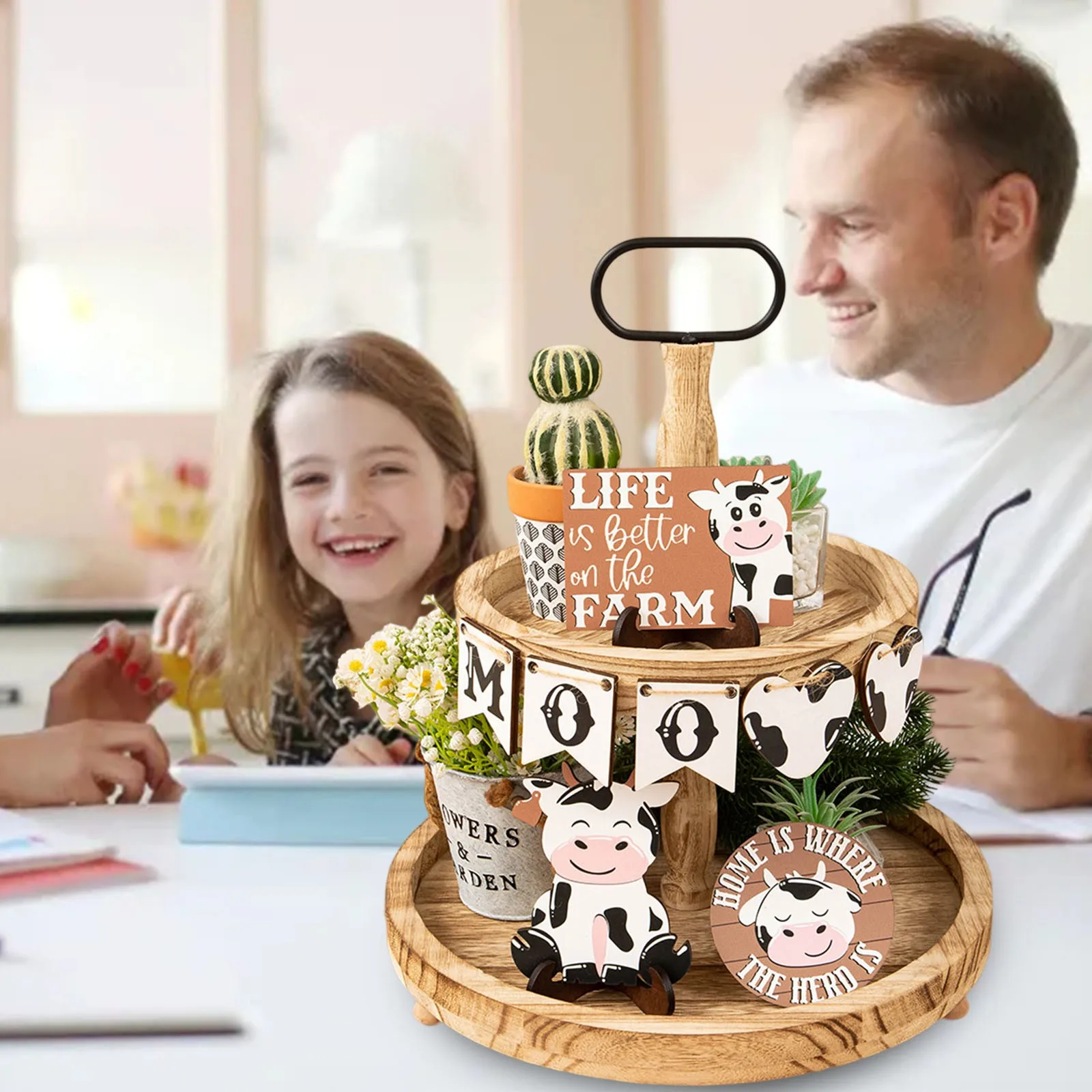 Dairy Cow Tiered Tray Decoration Life Is Better On The Farm Farmstead Style Layered Tray Decoration Set Wooden Artifact Home