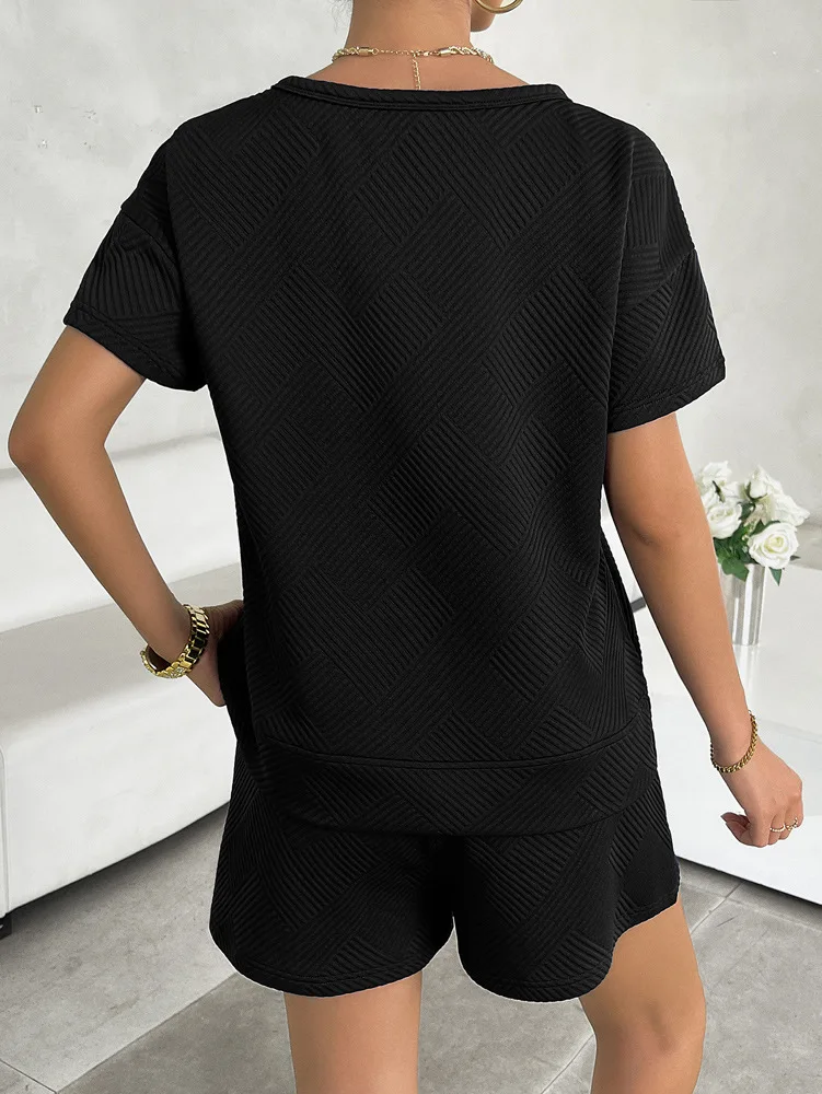 ฤดูร้อนผู้หญิงถักรอบคอกางเกงขาสั้นสบายๆสองชิ้นชุดสีทึบทุกวันสบายเดินทางกางเกงขาสั้นชุด