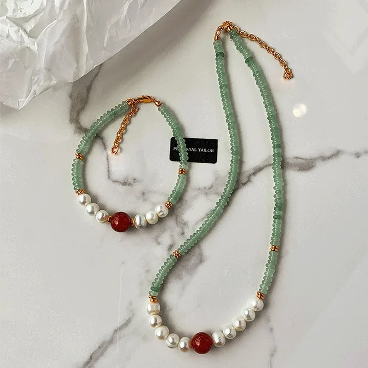 New Style Elegant Natural Jade & Freshwater Pearl & Agate Stone 14K Gold Filled Female Jewelry Set For Women Necklace Bracelet