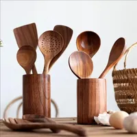 5PCS Thailand Teak Cooking Spoon Natural Wooden Kitchen Tableware Tool Ladle Turner Rice Colander Soup Skimmer Scoop Utensils