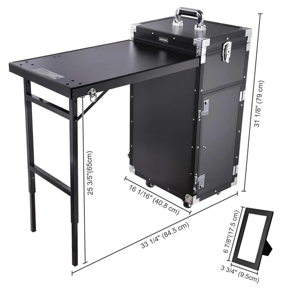 Rolling Manicure Table Foldable Nail Table Makeup Train Case Tattoo Station Portable Nail Desk Workstation with 4 Drawers Mirror