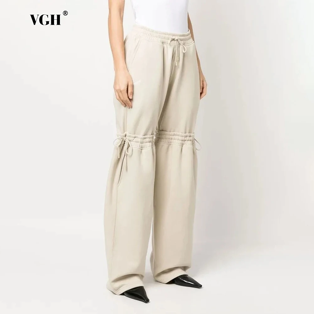 

VGH Casual Patchwork Drawstring Trousers For Women High Waist Minimalist Loose Straight Leg Pants Female Fashion Clothing Style